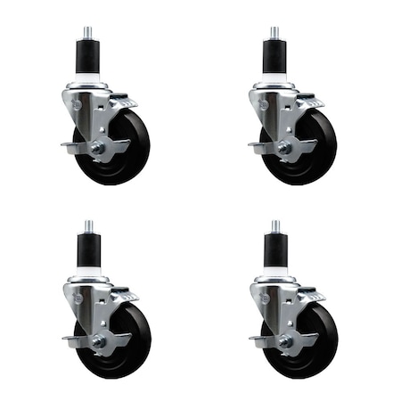 Service Caster 4'' Soft Rubber Swivel 1-1/2'' Expanding Stem Caster Set with Brake, 4PK SCC-EX20S414-SRS-TLB-112-4